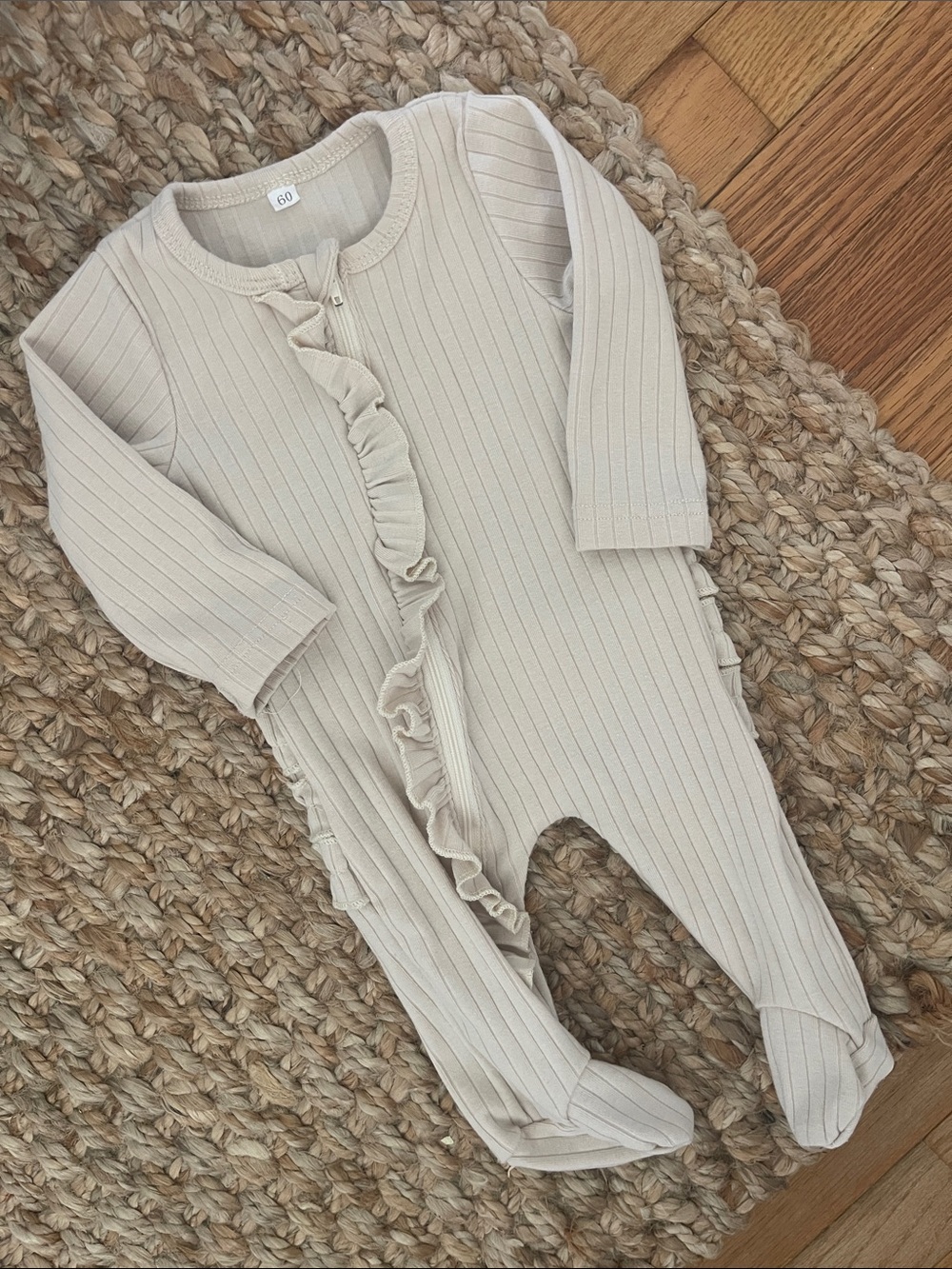 Neutral Cream Ribbed Zip-Up Ruffle Footed One-Piece